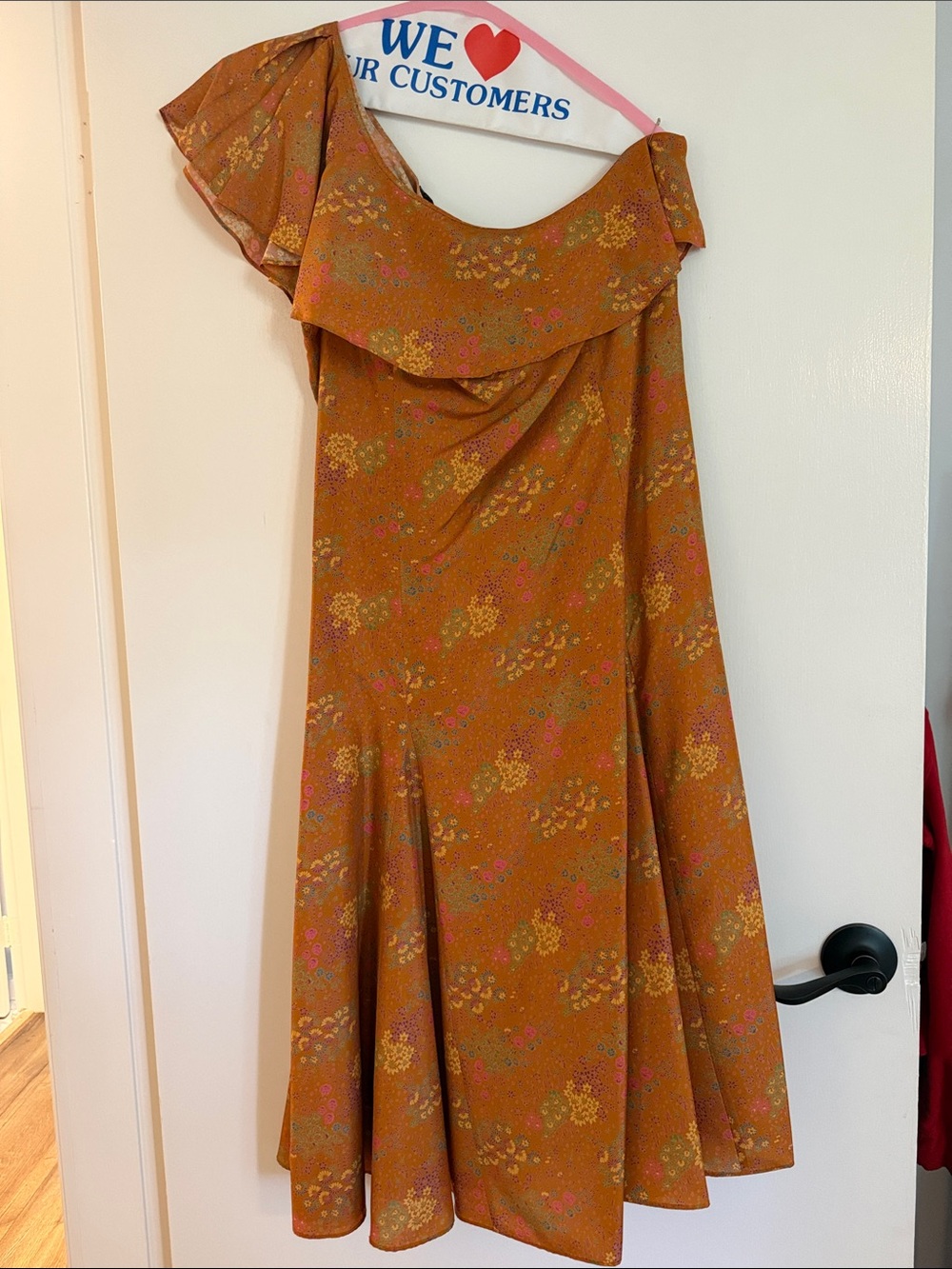 Rebecca Taylor One-Shoulder Floral Midi Dress in Mustard and Pink